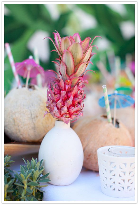 tropical luau party - coconut drinks and mini pineapples - so cute